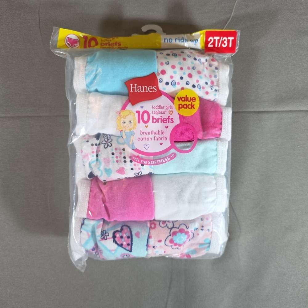 10 Pk. Hanes Toddler Girl Cotton Tagless Briefs, Multi-Colors, Size 2T-3T